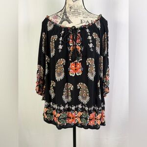Bila Bohemian Black Multicolor Paisley Women's Peasant Top| Front Ties Size M